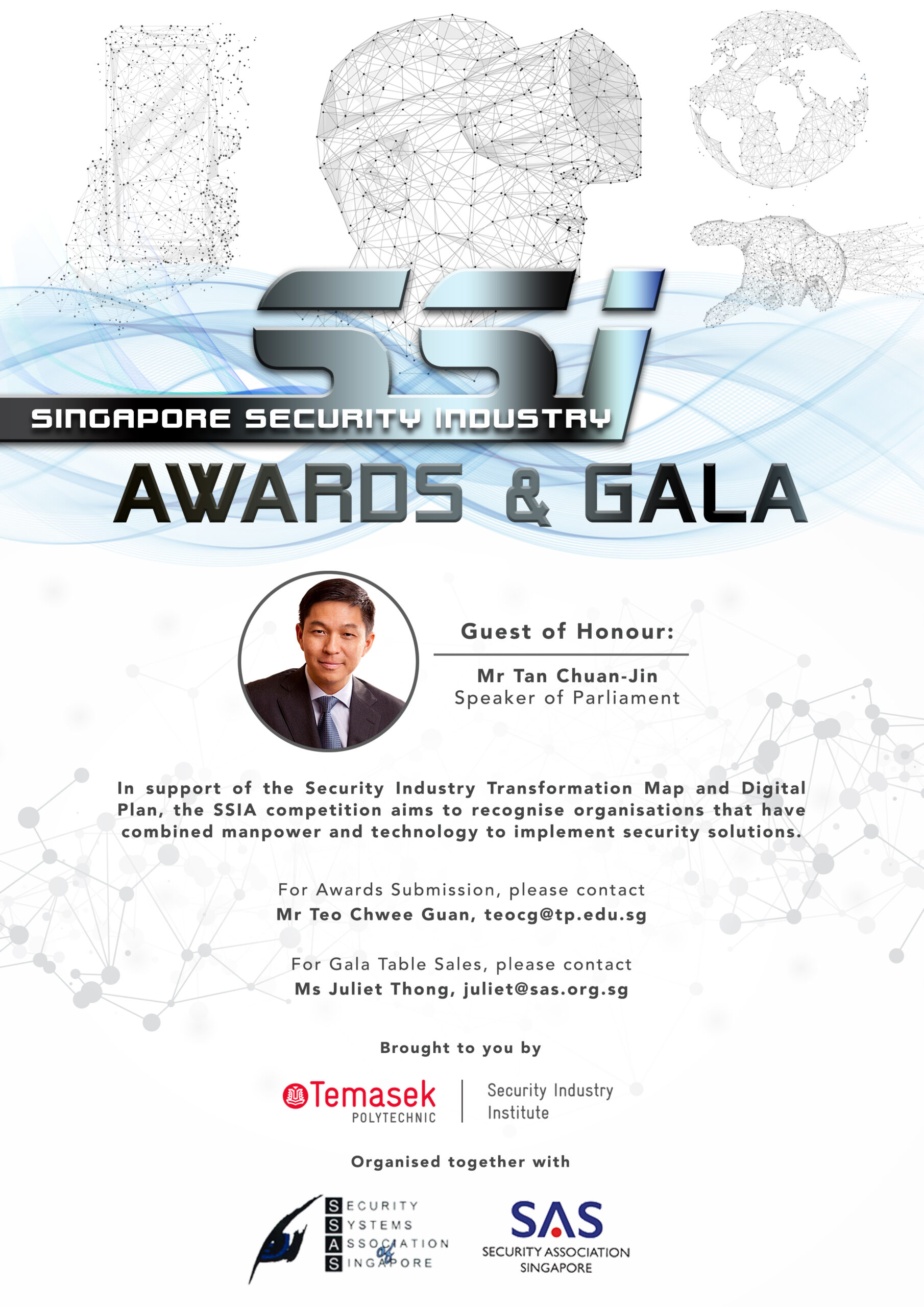A promotional image for the SSIA 2019 competition, highlighting key dates, eligible participants, evaluation criteria, and the types of awards to be given for innovative security solutions.