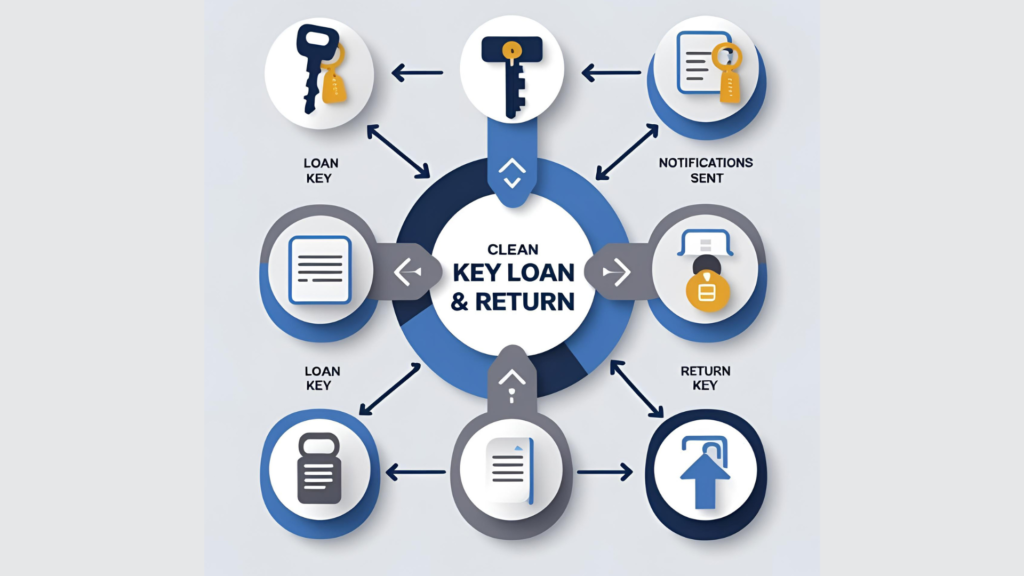 Flow chart showing the digital key loan and return process in the iREP Keypress Management System, including loan key, notification alerts, and return key steps integrated through NFC tracking and cloud records.