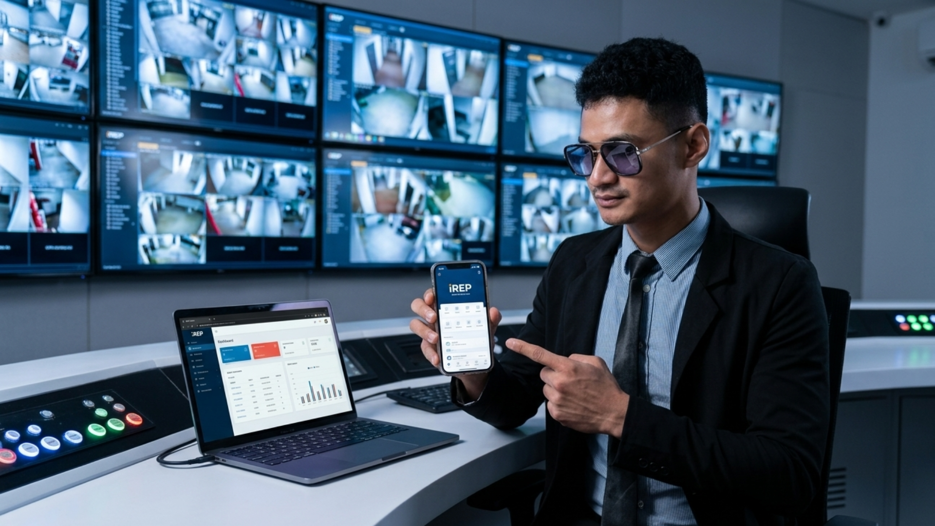 Security operator using iREP AI mobile app and dashboard in a command center with multiple CCTV monitoring screens
