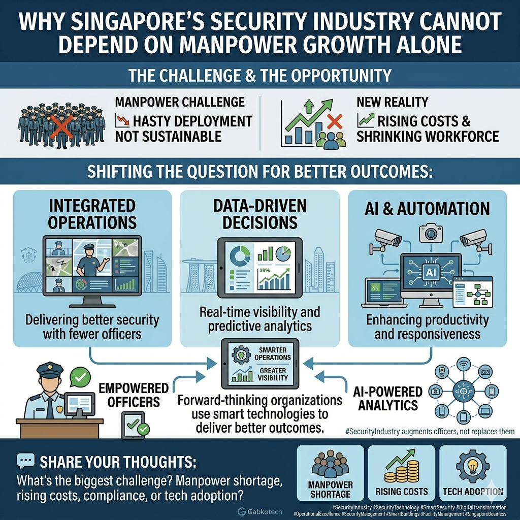 Infographic showing how Singapore's security industry can address manpower shortages through integrated operations, data-driven decision making, AI, automation, and operational intelligence.
