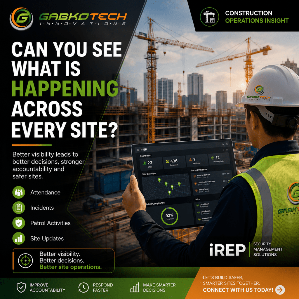 Construction manager using the iREP dashboard to monitor attendance, incidents, patrol activities and operational updates across multiple construction sites.