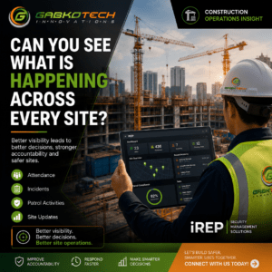 Construction manager using the iREP dashboard to monitor attendance, incidents, patrol activities and operational updates across multiple construction sites.