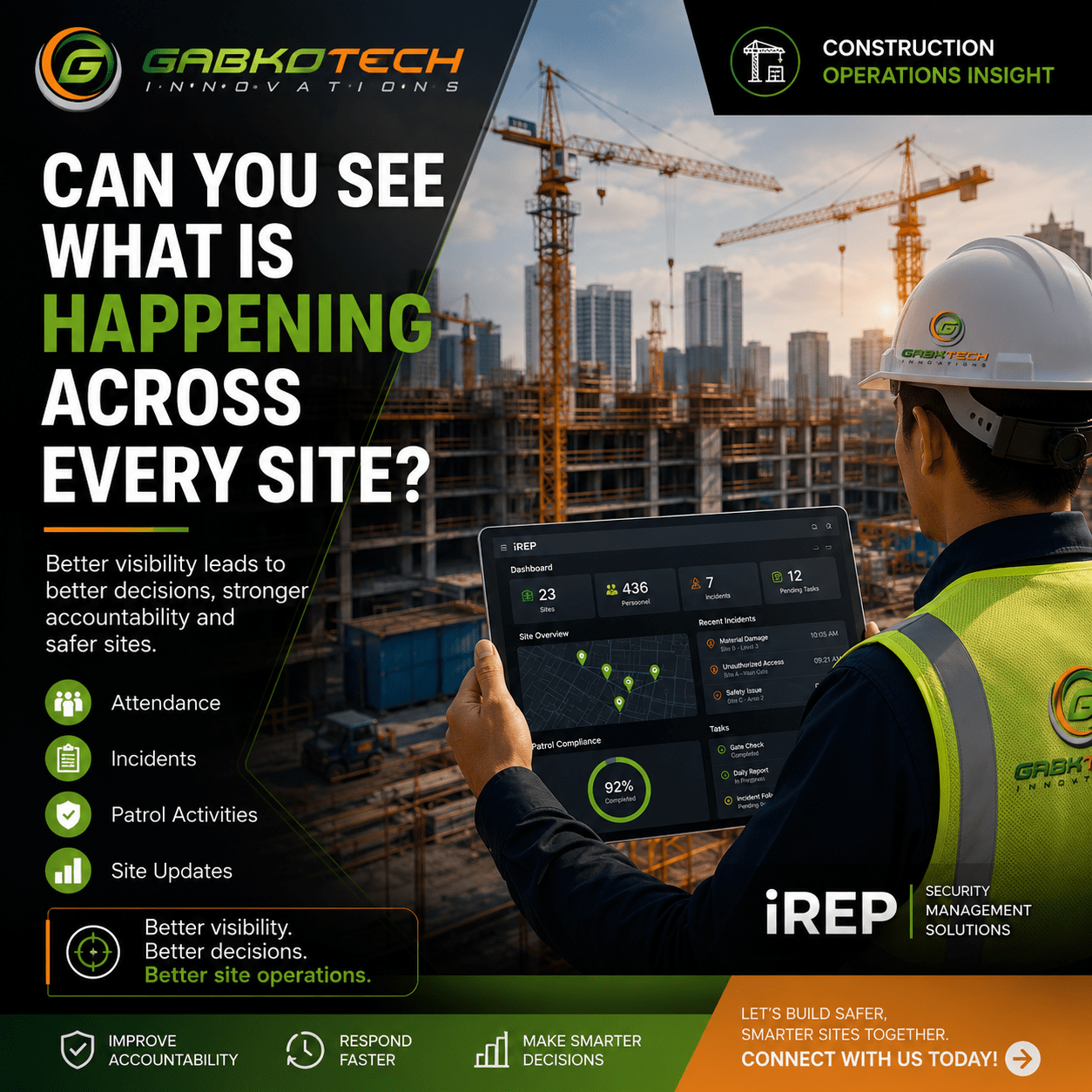 Construction manager using the iREP dashboard to monitor attendance, incidents, patrol activities and operational updates across multiple construction sites.