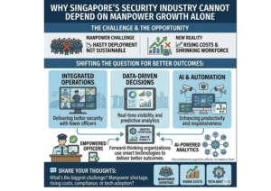 Infographic showing how AI, automation, integrated operations and data-driven decision-making help Singapore security agencies overcome manpower shortages and rising operational costs.