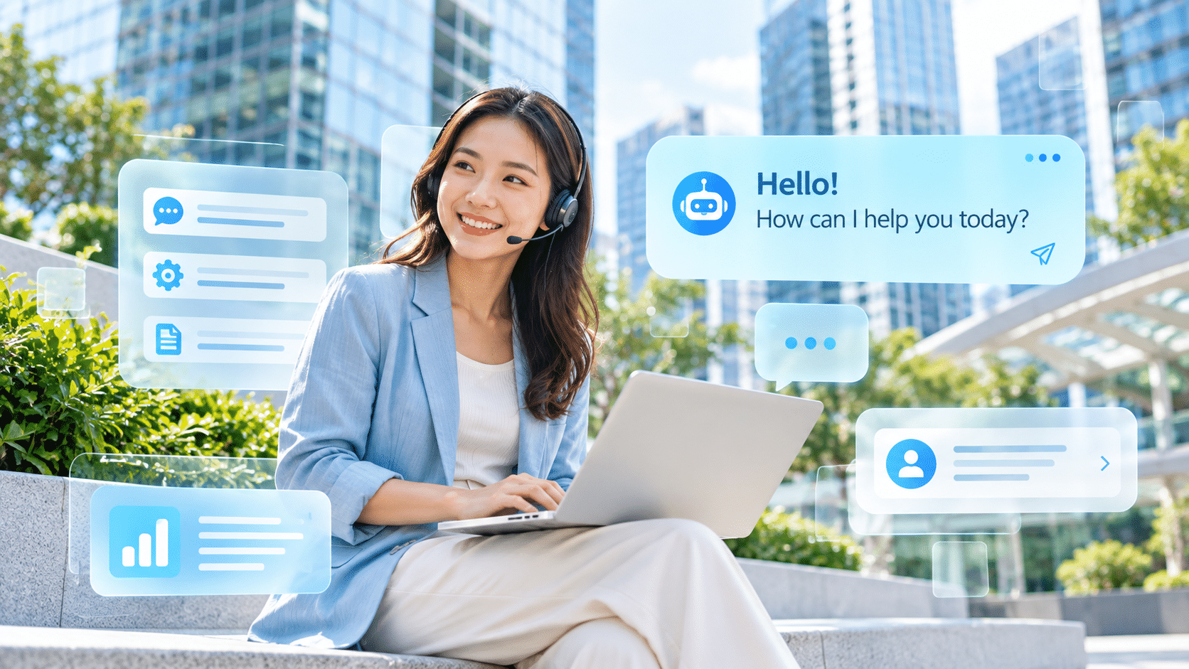 Asian businesswoman using a laptop with an AI chatbot interface, illustrating automated customer enquiries, instant responses and digital customer assistance.