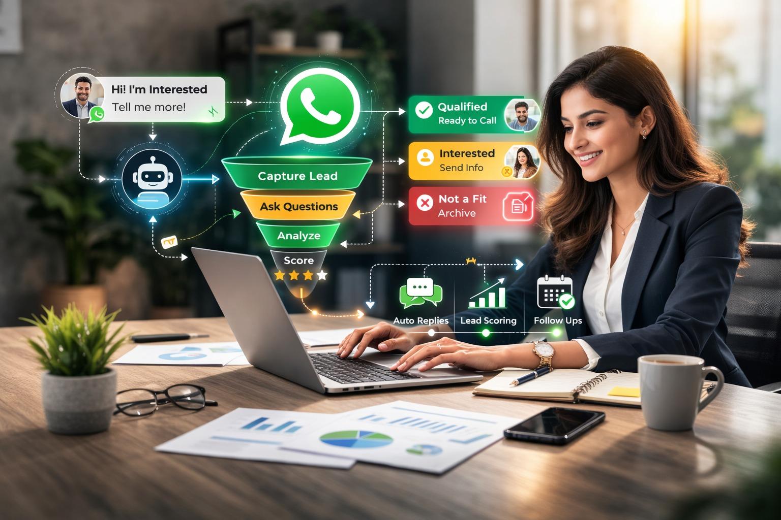 AI business automation infographic showing a professional using a laptop with WhatsApp enquiries, AI chatbot responses, lead qualification and automated sales follow-up workflows.