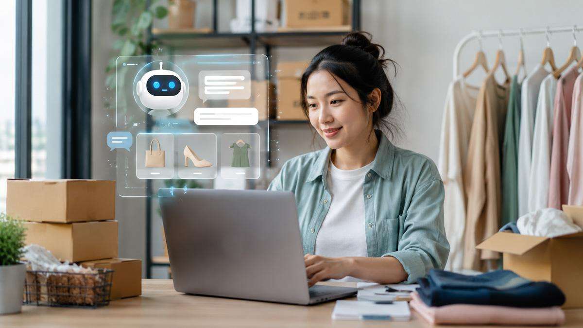 Asian female business owner using a laptop with an AI chatbot interface to manage online customer enquiries and product questions.