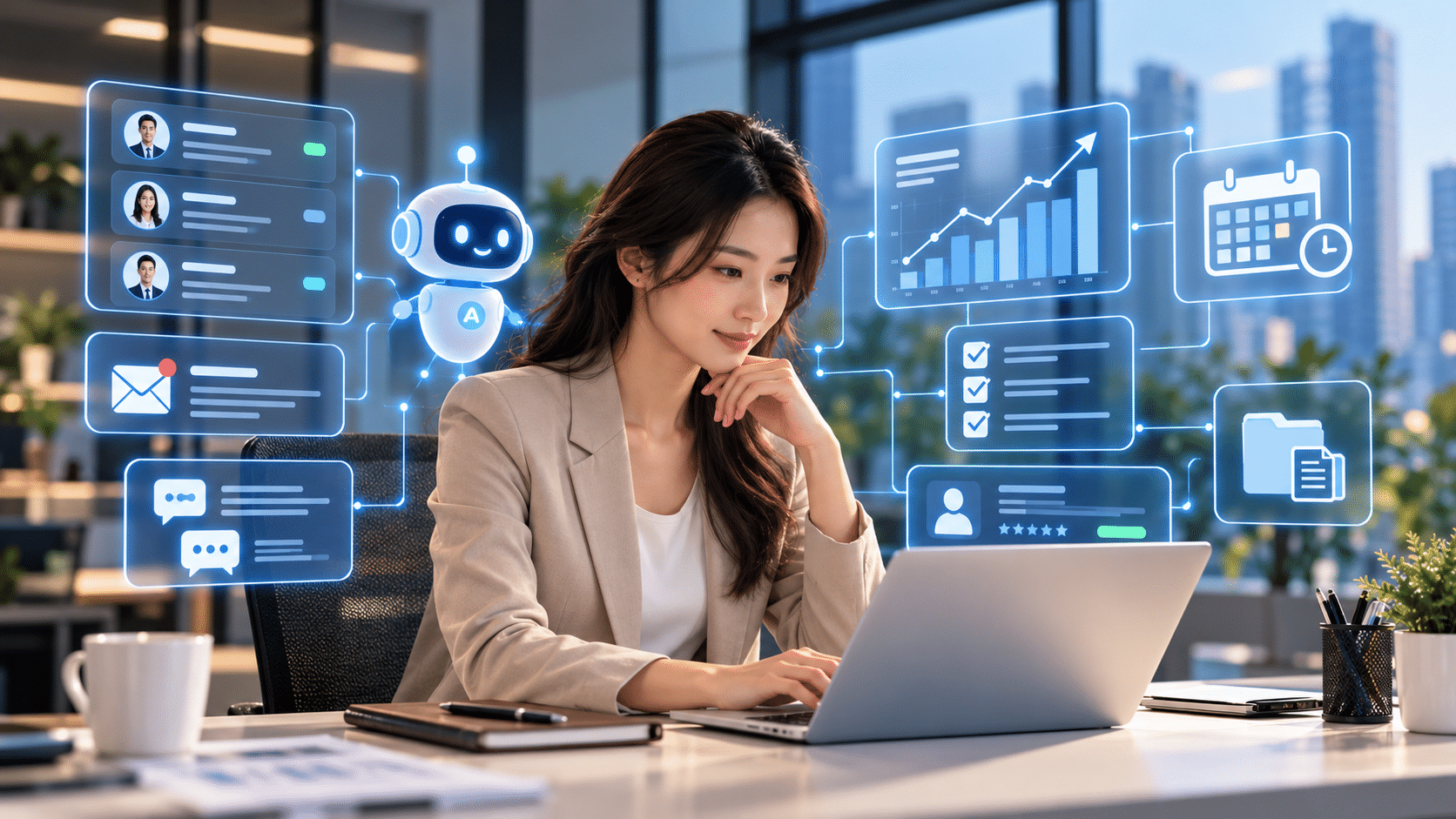 Asian businesswoman using a laptop with AI-powered lead management dashboards, automated email notifications, follow-up reminders and sales tracking tools.