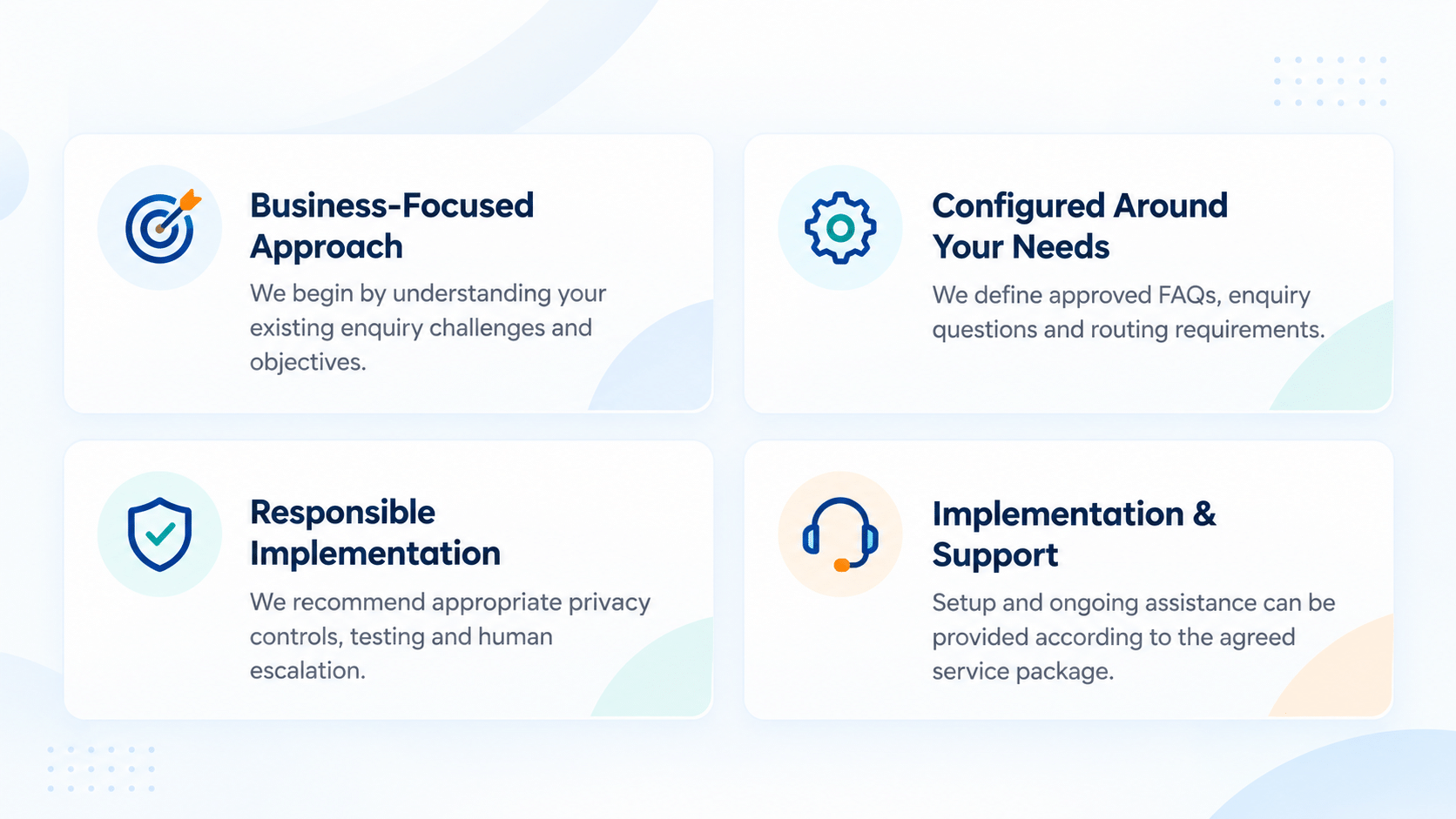 Infographic highlighting four reasons to choose Gabkotech's AI Chatbot services: business-focused approach, customised configuration, responsible implementation and ongoing support.