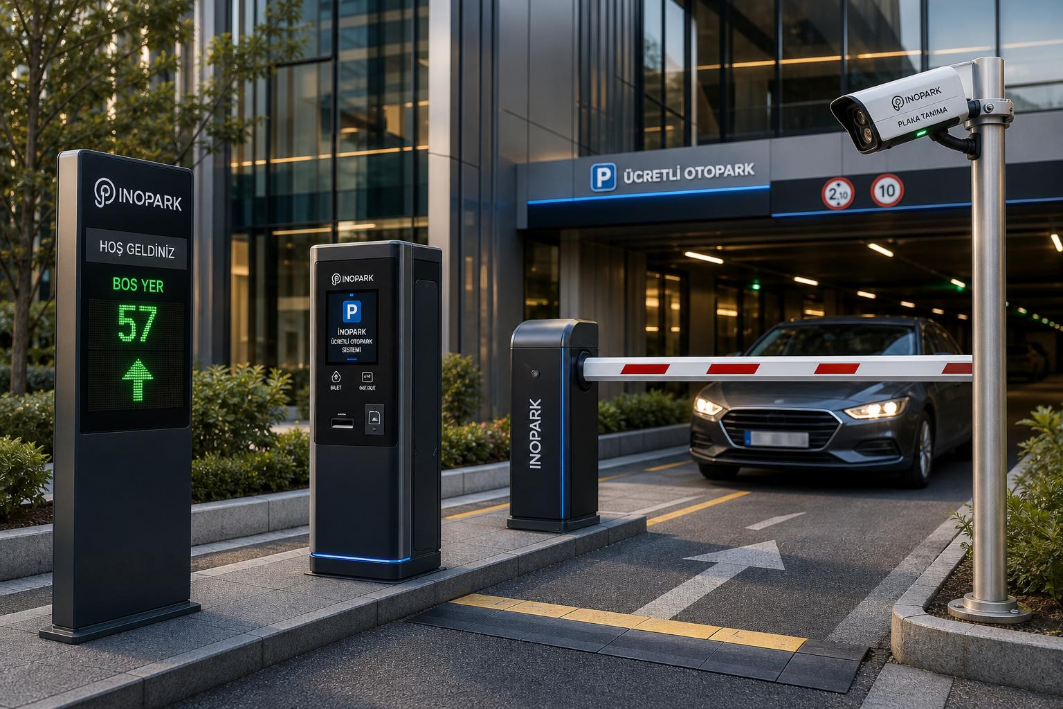 Automated carpark management system with licence plate recognition camera, vehicle entry barrier, parking availability display and payment kiosk at a commercial building.