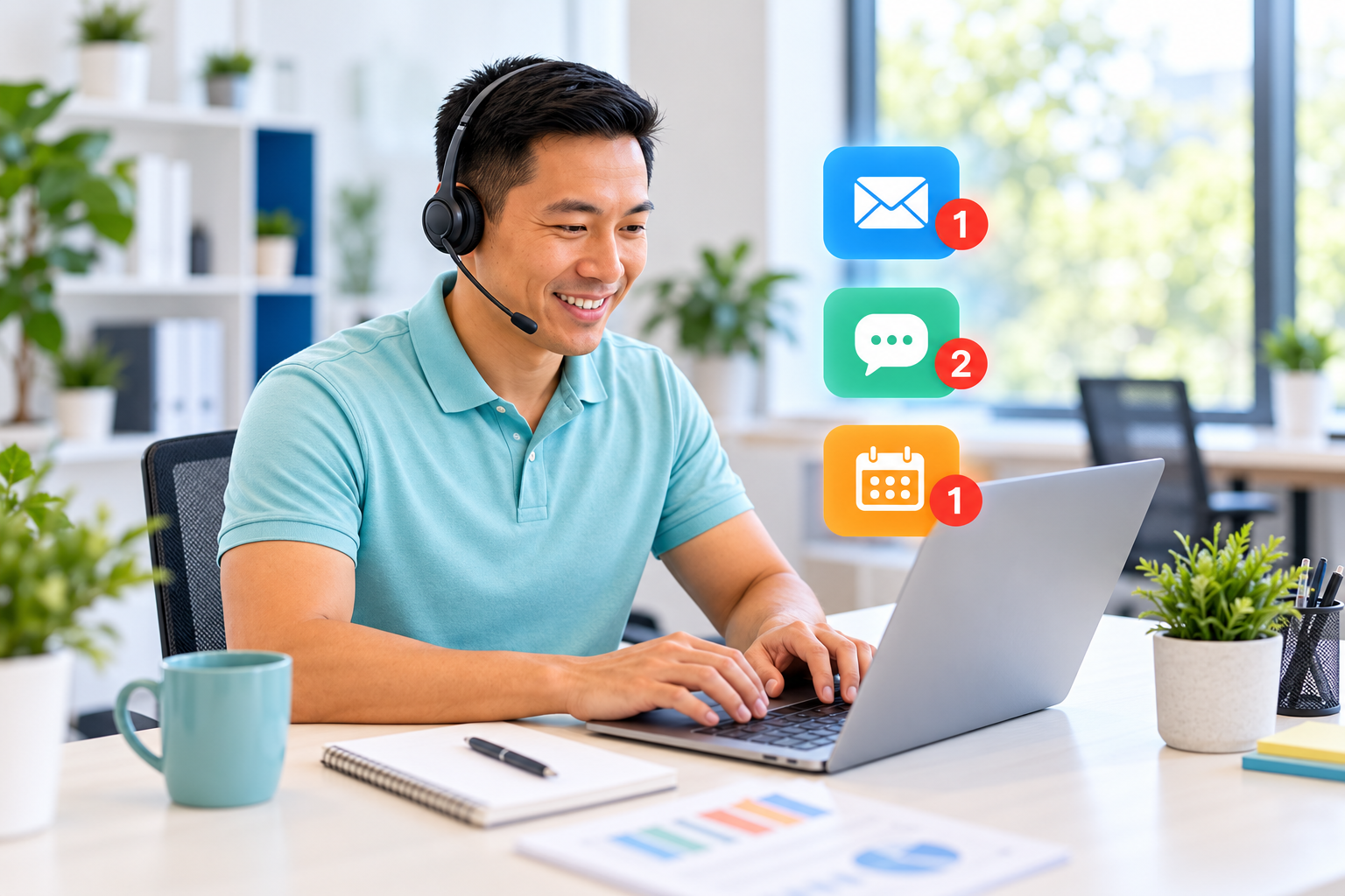 Asian business professional using a laptop with email, messaging and calendar notifications, illustrating AI lead follow-up automation.
