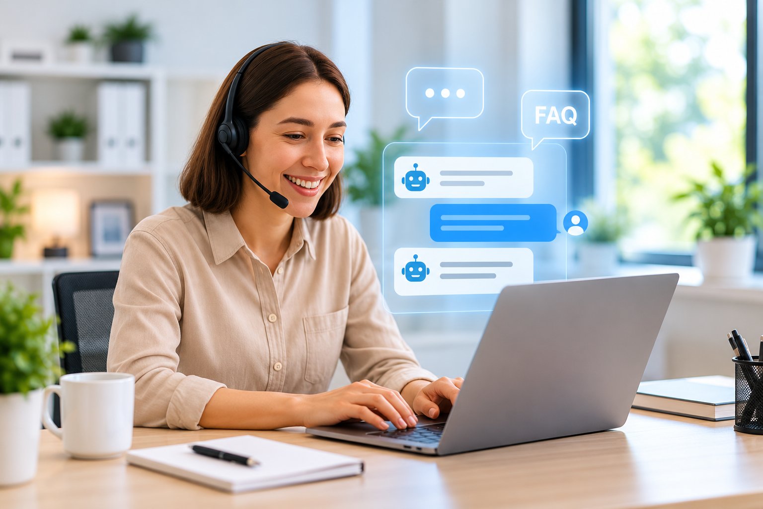 Female customer support professional using a laptop with an AI chatbot interface displaying automated conversations and frequently asked questions.