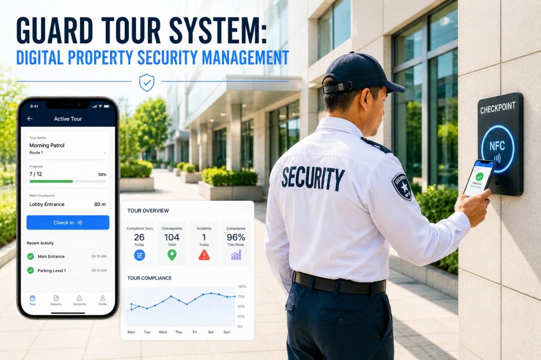 Security officer scanning an NFC checkpoint with a smartphone during a guard patrol, alongside a digital guard tour system showing patrol progress and reporting dashboards.