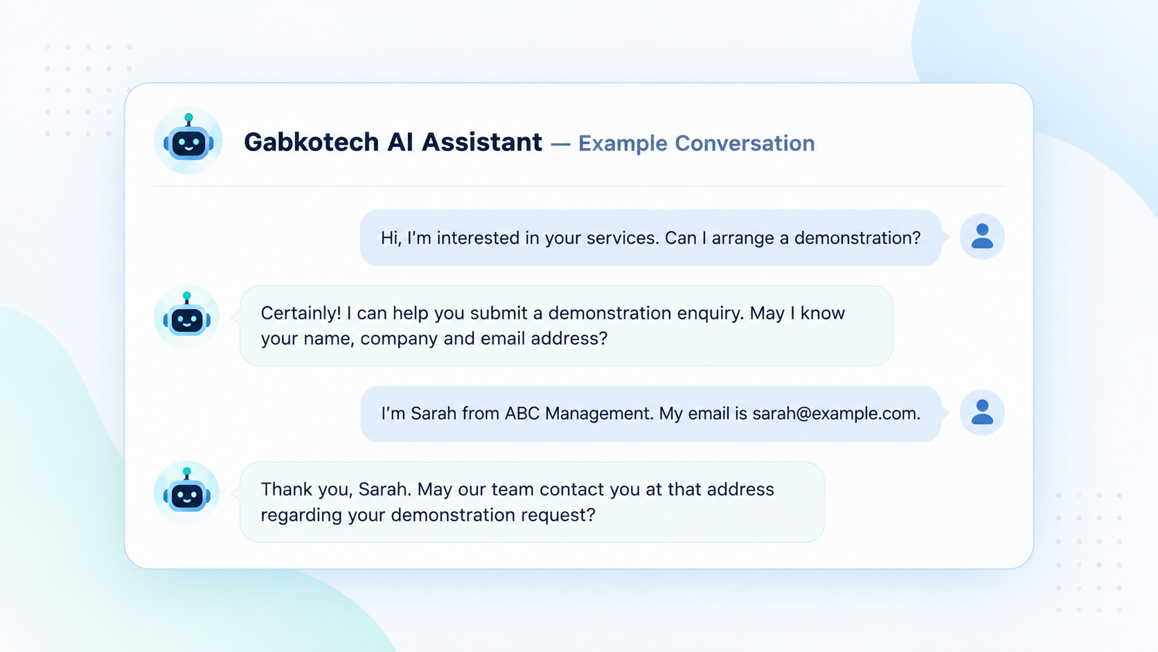 Example AI chatbot conversation showing a customer requesting a product demonstration, the chatbot collecting contact details and asking permission for sales follow-up.