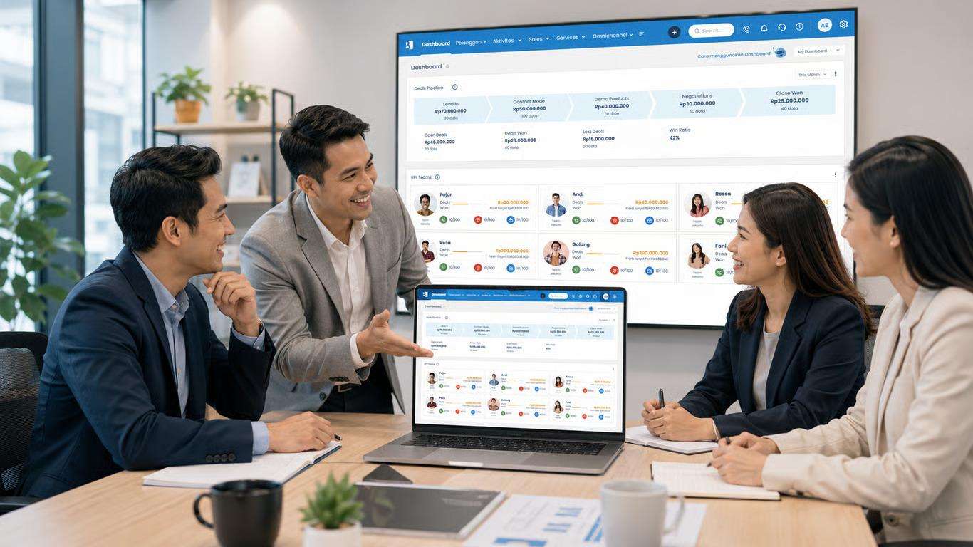 Four Asian business professionals discussing sales performance and customer lead management while reviewing CRM dashboards on a laptop and large office screen.
