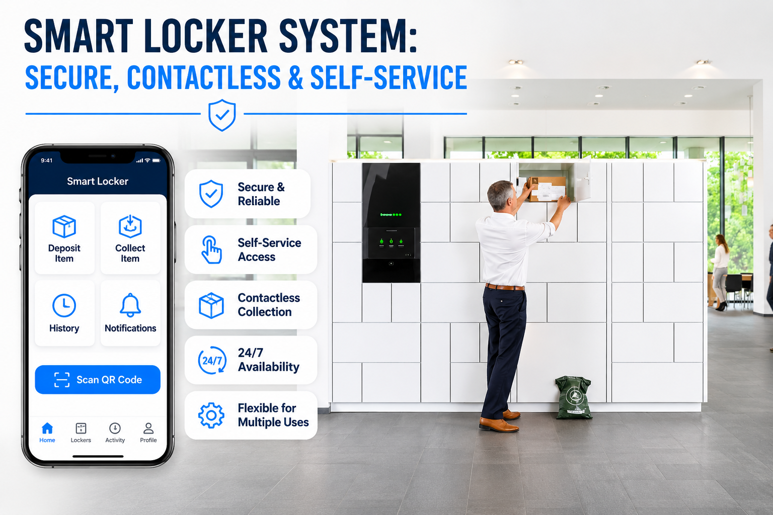 Smart Locker System infographic showing electronic lockers, QR code access, self-service collection and a man retrieving a parcel from a digital locker in a modern office lobby.