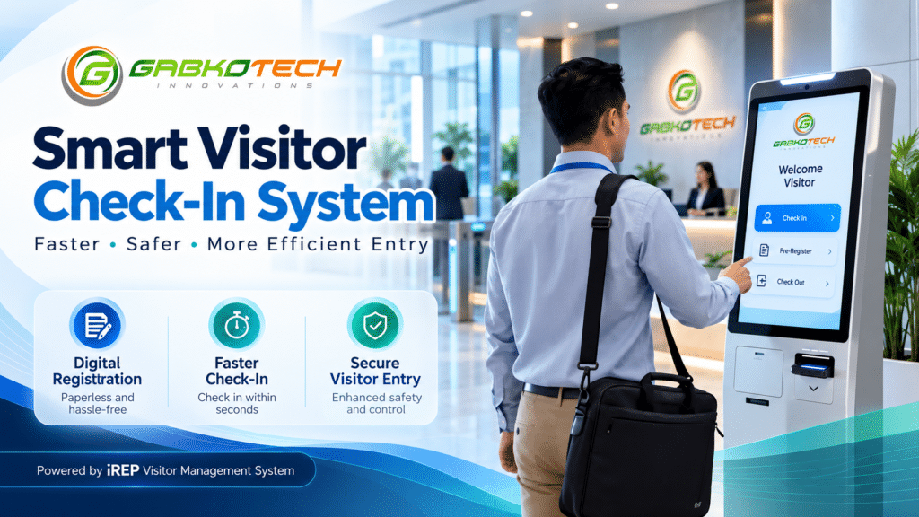 Gabkotech iREP Smart Visitor Check-In System with digital visitor registration and secure self-service kiosk in a modern office lobby.
