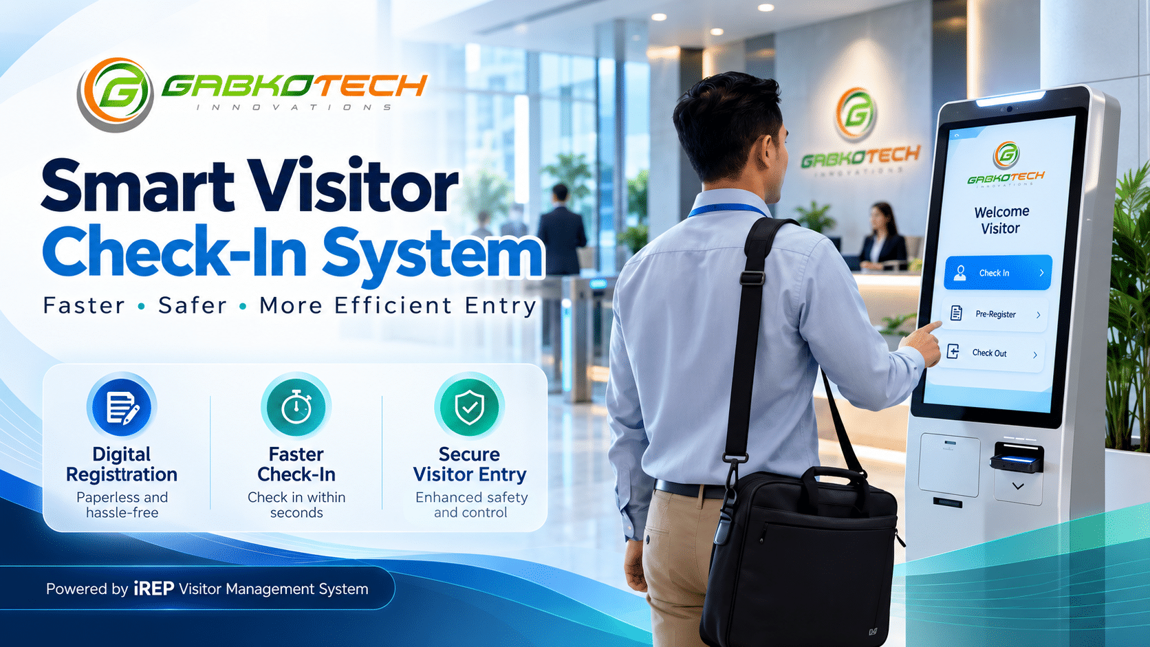 Gabkotech iREP Smart Visitor Check-In System with digital visitor registration and secure self-service kiosk in a modern office lobby.