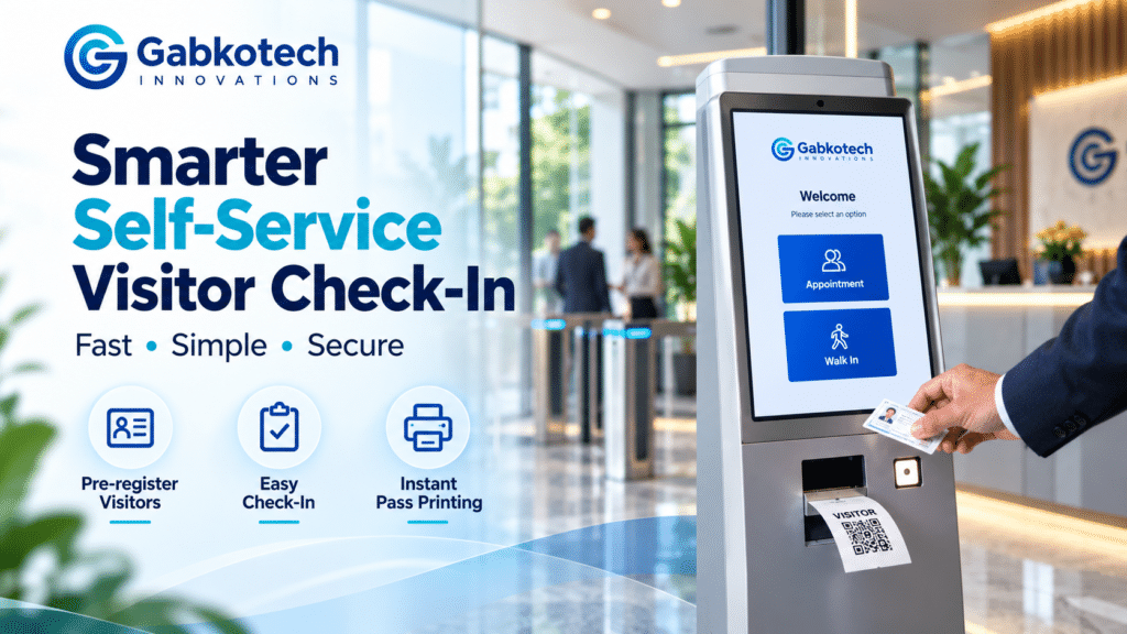 Gabkotech self-service visitor check-in kiosk in a modern office lobby